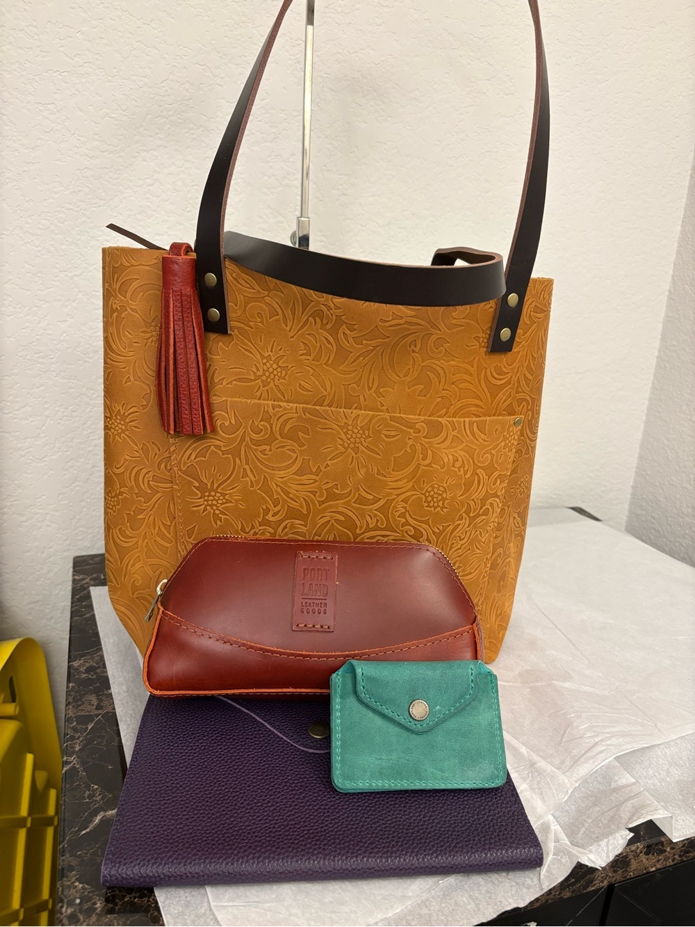 Leather Embossed Mustard Tote Bag with Brown Accents